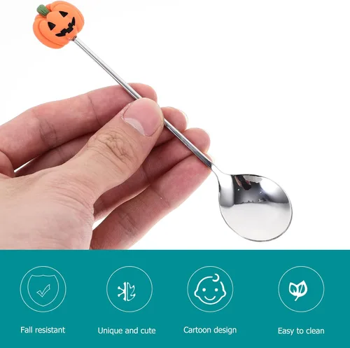Vista 4 de UPKOCH Juego de 6 cucharas de calabaza de Halloween con forma de calabaza de acero inoxidable para café y postre de 4.9 pulgadas, utensilios