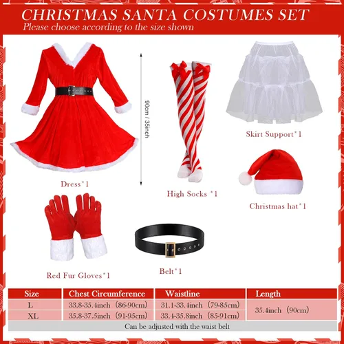 Vista 6 de Vicenpal 5 Pcs Christmas Santa Costume Set Claus Costume with Xmas Hat Fur Gloves High Socks Red Outfits Dress for Women Girl