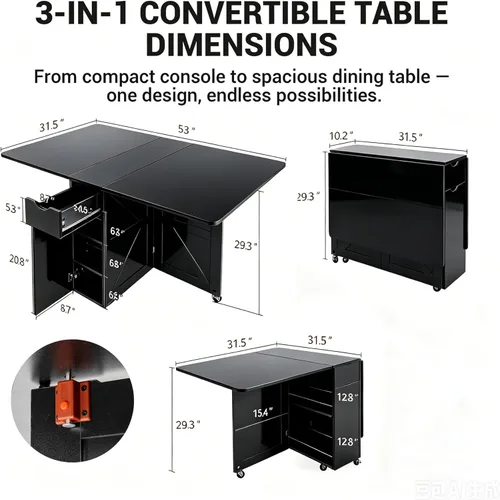 Vista 3 de Mesa de comedor plegable con cajón y estantes de almacenamiento, mesa de comedor plegable de 53" que ahorra espacio con 6 ruedas, mesa de hoja