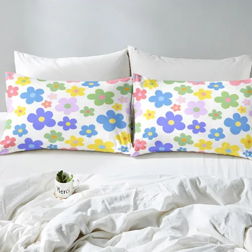 Vista 5 de Bonito juego de sábanas de flores para niñas y mujeres, sábanas coloridas de dibujos animados de flores funky de tamaño individual, bonito juego