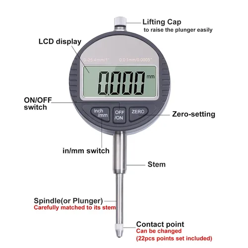 Vista 3 de Indicador de esfera digital electrónico con base magnética ajustable de precisión, brazo largo 0-1" / 25.4mm, conversión de pulgadas/metros, medidor