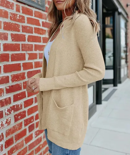 Vista 3 de MEROKEETY Suéteres de punto gofre ligeros con bolsillos para mujer, para otoño e invierno