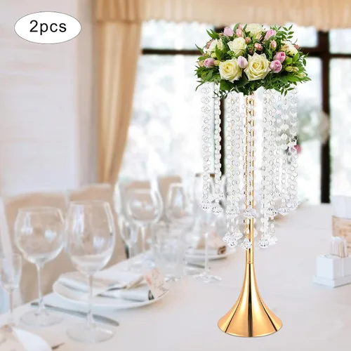 Vista 3 de 2 centros de mesa de boda para mesas, jarrones de 21.6 pulgadas de alto para centros de mesa de metal dorado para decoración de mesa para boda