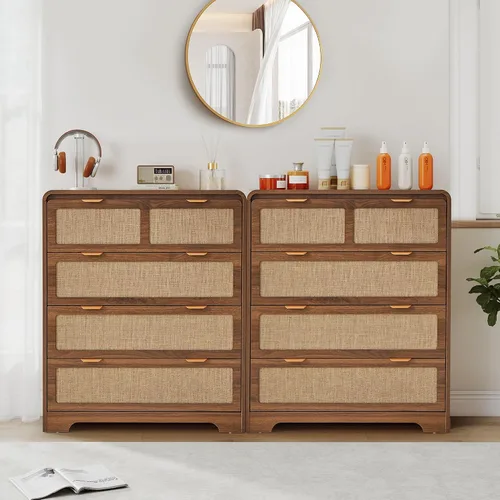 Vista 7 de Cómoda moderna de mediados de siglo para dormitorio con 4 cajones, cómoda de 35 pulgadas de alto con lino natural, cómoda de madera curvada