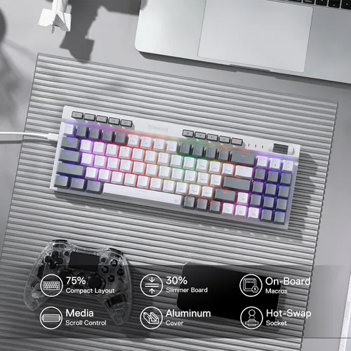 Vista 2 de Redragon Teclado mecánico para juegos K655 75% RGB con cable, 78 teclas de intercambio en caliente con tablero de cubierta de aluminio, enchufe