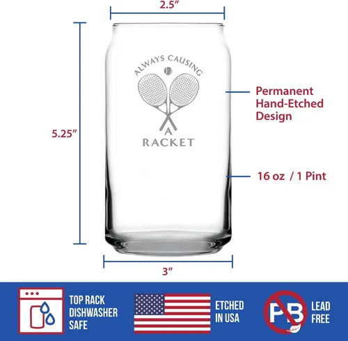Vista 4 de Custom Causing A Racket – Vaso de cerveza personalizado – Decoración divertida temática de tenis y regalos – Vasos de 16 onzas