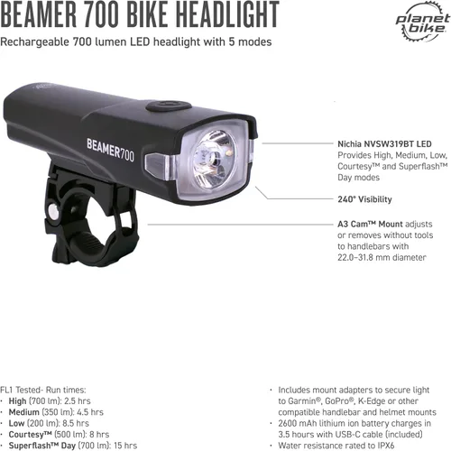 Vista 3 de Planet Bike Beamer 700 - Faro delantero para bicicleta