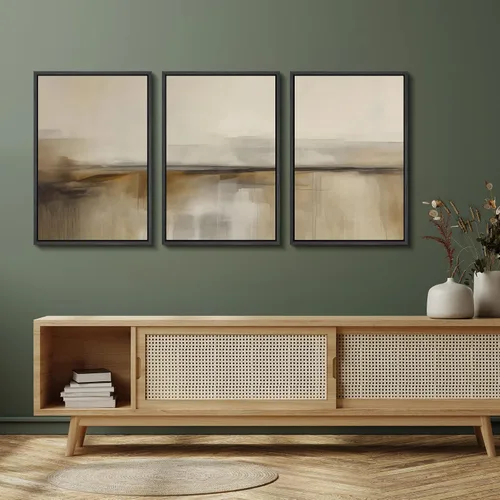 Vista 5 de SIGNFORD - Set de obras de arte en lienzo enmarcado para pared, ilustraciones abstractas de neblina del desierto en tonos neutros beige y marrón
