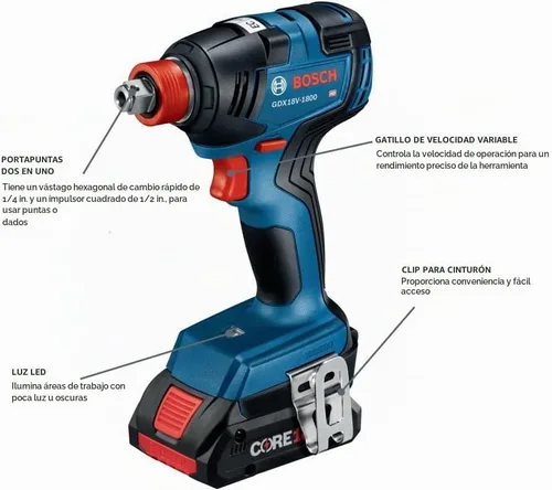 Vista 5 de Bosch GXL18V-502B25 kit de 5 herramientas de 18V con controlador de impacto de punta/llave de 2 en 1, taladro/controlador de martillo de 1/2 pulg.