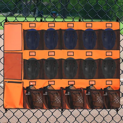 Vista 6 de Woanger Organizador para 15 jugadores y 12 bolsas colgantes para bate colgantes, bolsa colgante para casco de béisbol, soporte para bates de béisbol
