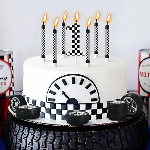 Vista 9 de 13 velas de cumpleaños temáticas de coches de carreras, número 1 vela a Velas de pastel de cumpleaños a cuadros en blanco y negro para decoración