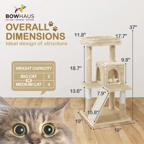 Vista 2 de BOWHAUS Árbol alto para gatos grandes o gatitos de interior, árbol de actividades para gatos de varios niveles con postes rascadores, hamaca