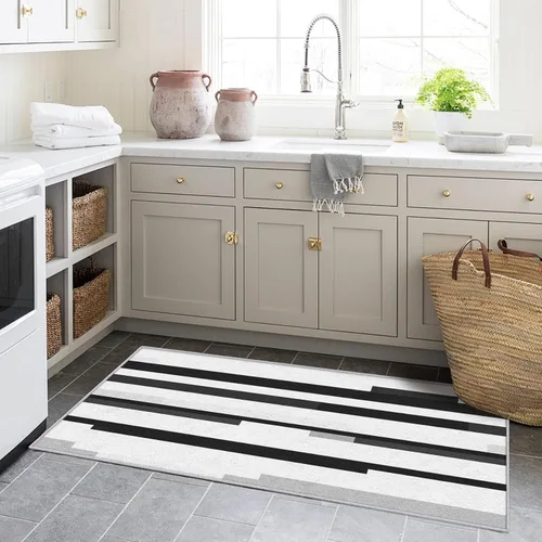 Vista 3 de Black and White Striped Runner Rug 2x4 Small - Hallway Runner Rug Stripe Pattern, Non Slip, Washable, Black and White Striped Home Decor Carpet for