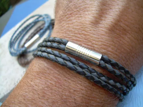 Vista 5 de Pulsera de cuero con cierre magnético, acero inoxidable, joyería para hombre, pulsera para hombre, pulsera envolvente, regalo para hombre, para él