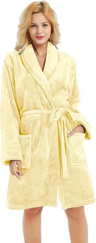 Vista 13 de U2SKIIN - Bata de felpa para mujer, batas cortas y acogedoras de felpa suave para mujer con cuello de chal, bata de spa cálida A-Negro