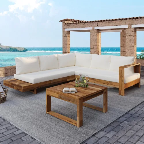 Vista 11 de KLMM Sofá modular de madera de acacia en forma de L para patio con cojines extraíbles y mesa auxiliar, juego de conversación al aire libre con mesa