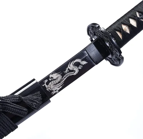 Vista 3 de siwode Katana - Espada samurái japonesa hecha a mano, aleación de dragón dorado Tsuba, acero de alto carbono 1060, 40 pulgadas Negro-No-BoHi
