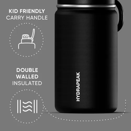 Vista 3 de Hydrapeak Mini botella de agua de 14 onzas con tapa con popote, botella de agua aislada de doble pared de acero inoxidable Botella de agua a Negro