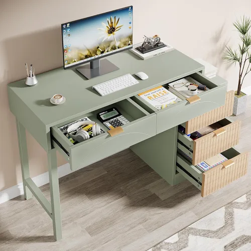 Vista 5 de Tribesigns Escritorio de computadora con 5 cajones, escritorio pequeño reversible para escribir con almacenamiento, mesa de estudio de madera