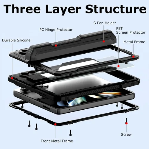 Vista 3 de Funda de metal para Samsung Galaxy Z Fold 4 con soporte para bolígrafo S, funda militar resistente Z Fold4 con protector de pantalla integrado, Negro