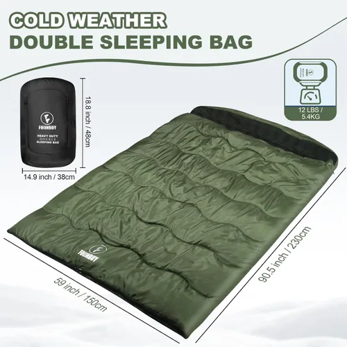 Vista 2 de Saco de dormir doble de franela de 0 grados para adultos, parejas o familia, tamaño Queen de invierno, impermeable y cálido, saco de dormir para 2