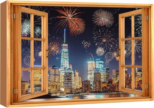 Vista 32 de wall26 - Cuadro en lienzo para pared, vista de ventana, celebración del 4 de julio, fuegos artificiales en el puerto de NYC, celebraciones