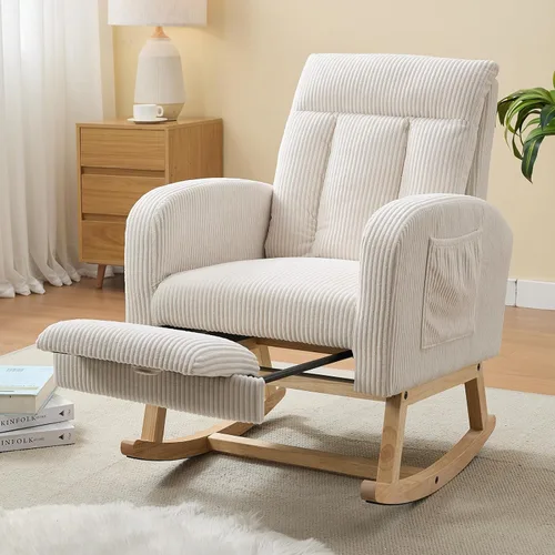 Vista 14 de NIOIIKIT Mecedora para guardería, mecedora tapizada de pana con reposapiés ajustable, silla mecedora copetuda con bolsillo lateral, mecedora café