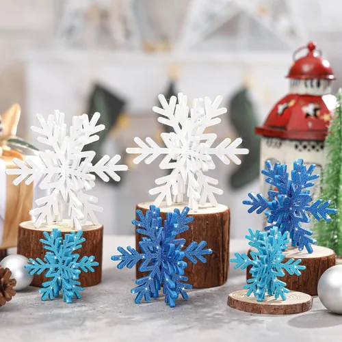 Vista 8 de Bucherry 12 piezas de decoración de mesa de copo de nieve de madera, plata