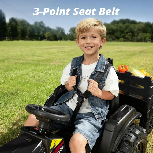 Vista 4 de Hikiddo Juguete tractor de paseo para niños de 24 V, tractor eléctrico para niños de 3 a 8 años con remolque, motores de 2 x 200 W, color negro