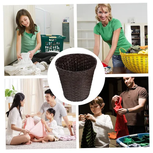 Vista 6 de Garneck Recipientes de basura de paja de imitación con tapas, cubo de basura de bambú personalizado, pequeño bote de basura automático para baño