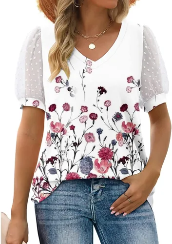 Vista 2 de Casual Summer Tops for Women Short Sleeve Pattern Blouses Basic Designed V-Neck Tee Shirts Beach Outfits for Women