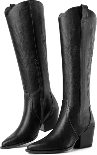 Vista 15 de Susanny Botas de tacón alto para mujer, Botas de plataforma con tacón sexy de puntera redonda con agujetas, tacón alto, botas de media pantorrilla