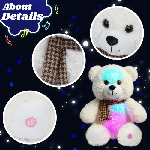 Vista 3 de Oso de peluche con luces LED brillantes, luz nocturna musical, juguete de peluche canta canciones de cuna, regalos de Navidad, para cumpleaños