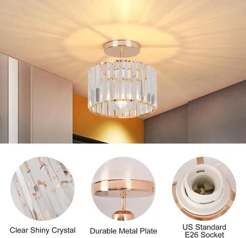Vista 4 de Lámpara de techo de cristal semiempotrada, lámpara de techo de cristal para pasillo, lámpara dorada para entrada, dormitorio, baño, sala de estar
