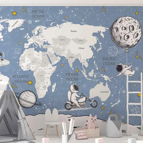 Vista 9 de Papel tapiz para habitación de niños, espacio de astronauta, mural de mapa gigante del mundo con países, papel tapiz para guardería, despegar