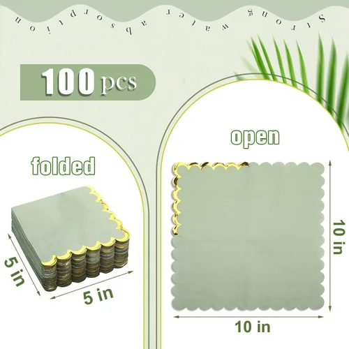 Vista 2 de Panelee Paquete de 100 servilletas de cóctel verde salvia con lámina dorada de 2 capas de postre plegadas de 5 x 5 pulgadas, servilletas desechables