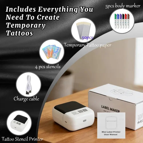 Vista 2 de Bowitzki Mini impresora de plantillas de tatuaje, impresora de tatuaje Bluetooth con 50 piezas de papel de transferencia, máquinas de tatuaje