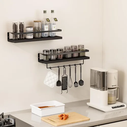 Vista 5 de Estantes de baño con toallero, estantes flotantes para baño, cocina, dormitorio, madera de paulownia, marco de metal negro mate, juego de 2
