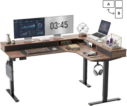 Vista 14 de CubiCubi Escritorio de pie en forma de L de 63 x 48 pulgadas con 3 cajones y estante para monitor, escritorio esquinero de altura ajustable