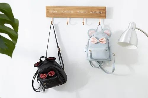 Vista 7 de Sunwel Fashion Mini mochila de viaje con orejas de ratón para niñas adolescentes con lazo de lentejuelas y pompones, Arco negrorojo, Mochila