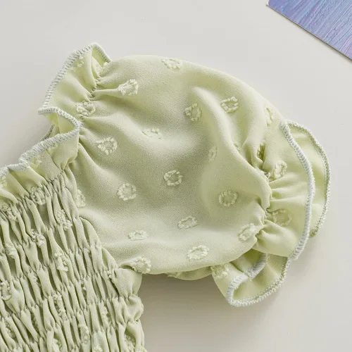 Vista 6 de Mameluco para bebés y niñas de 3, 6, 9, 12, 18 meses, enterizo de manga corta, fruncido, faldas y dobladillo, diadema