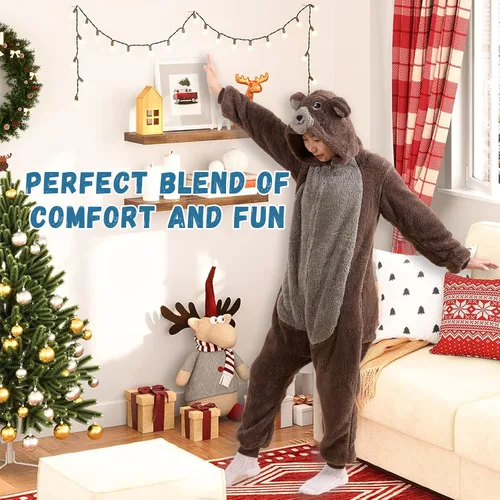 Vista 7 de Gowkou Pijama unisex de animal para adultos, disfraz de oso de franela, disfraz de Halloween, ropa de dormir para mujeres y hombres