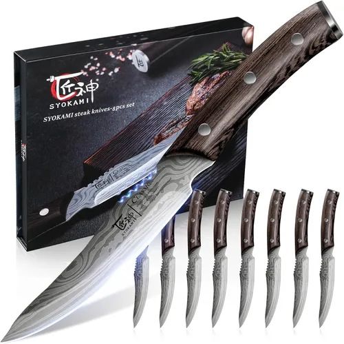 Vista 9 de SYOKAMI Juego de 2 cuchillos para carne, 4.8 pulgadas, estilo japonés de alta gama, filo fino con mango de madera, diseño de espiga completa