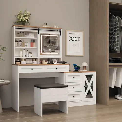 Vista 8 de Escritorio de maquillaje de granja de 56 pulgadas con espejo deslizante y luces, color blanco Rustic Dressing Table with Charging Station Power