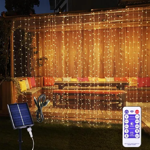 Vista 9 de 300 luces LED solares para cortina, para interiores y exteriores, luces solares de Navidad, para ventana de hadas, impermeables, parpadeantes, 8