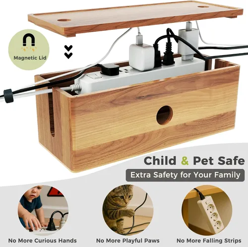 Vista 3 de Caja grande de madera de acacia para cables de alimentación, corrector de cable de perfil bajo para cables de piso y cables de extensión, protector