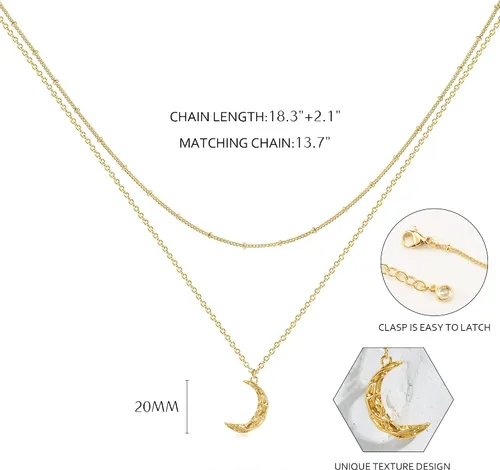Vista 4 de Collar de estrella de luna en capas con circonita cúbica chapada en oro de 14 quilates, delicado dije de luna creciente, collar de disco de moneda