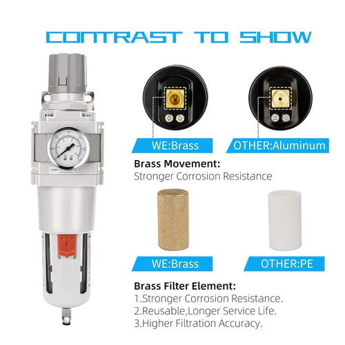 Vista 5 de 1" NPT Filtro de aire comprimido regulador combinado tipo piggyback, elemento de latón de 5 micrones, cuenco de policarbonato, desagüe
