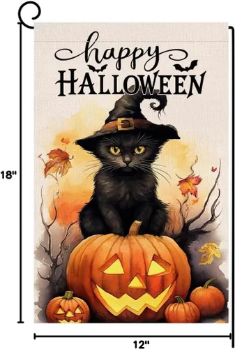 Vista 8 de BLKWHT Bandera de jardín de gatos de Halloween de 12 x 18 pulgadas, vertical, doble cara, feliz Halloween, calabaza, vacaciones, decoraciones