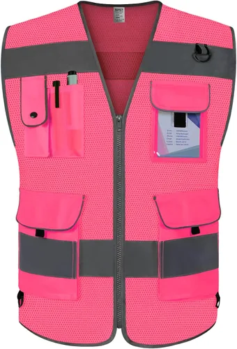 Vista 10 de TCCFCCT Chaleco de seguridad de malla para hombres y mujeres, chaleco de seguridad reflectante de alta visibilidad con 9 bolsillos, chaleco